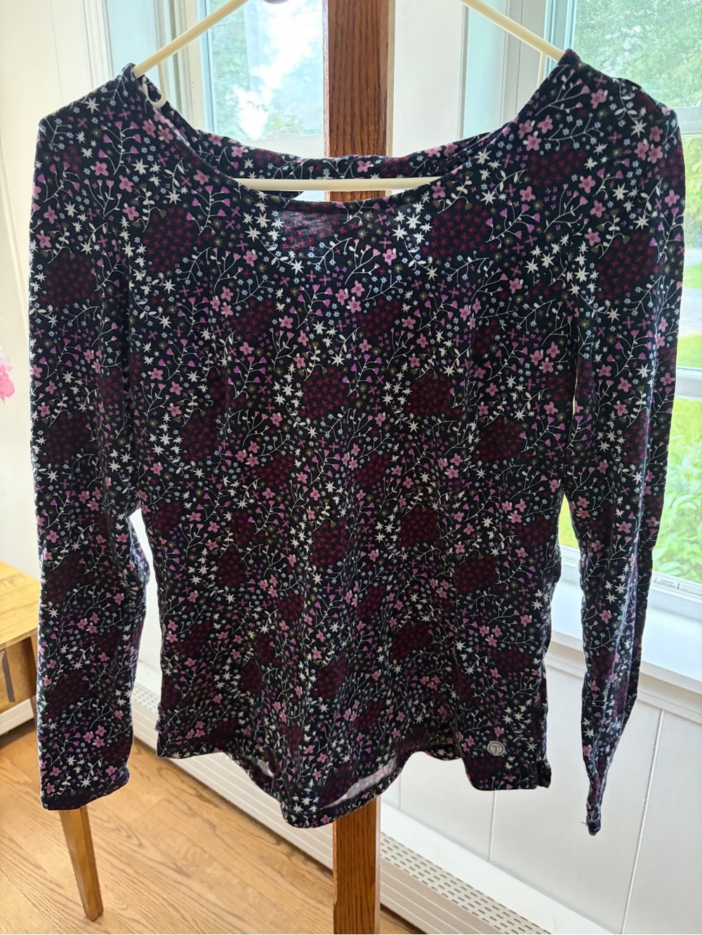 Talbots Black Long-Sleeve Floral Tee with Pink & White Accents